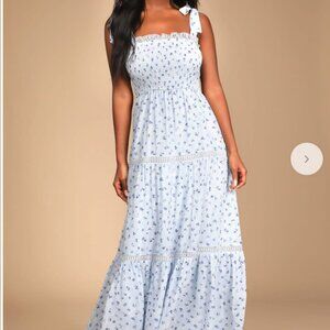 Lulus Blooming Perfection Blue Floral Print Tie-Strap Smocked Dress